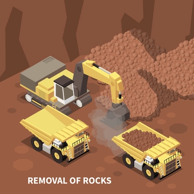 Mining machinery isometric background with excavator and two dump trucks removing rocks from quarry 3d vector illustration