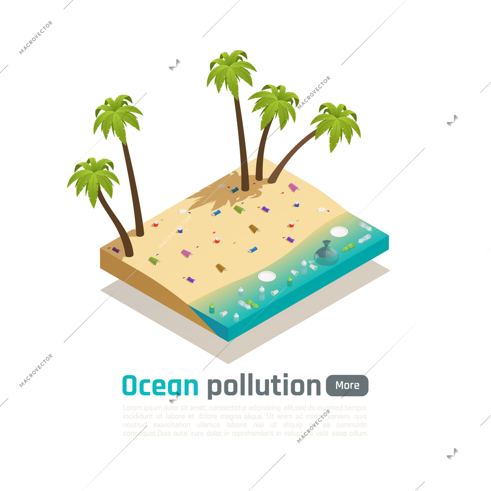 Ocean pollution isometric composition with images of sandy palm beach polluted with plastic bottles and cups vector illustration