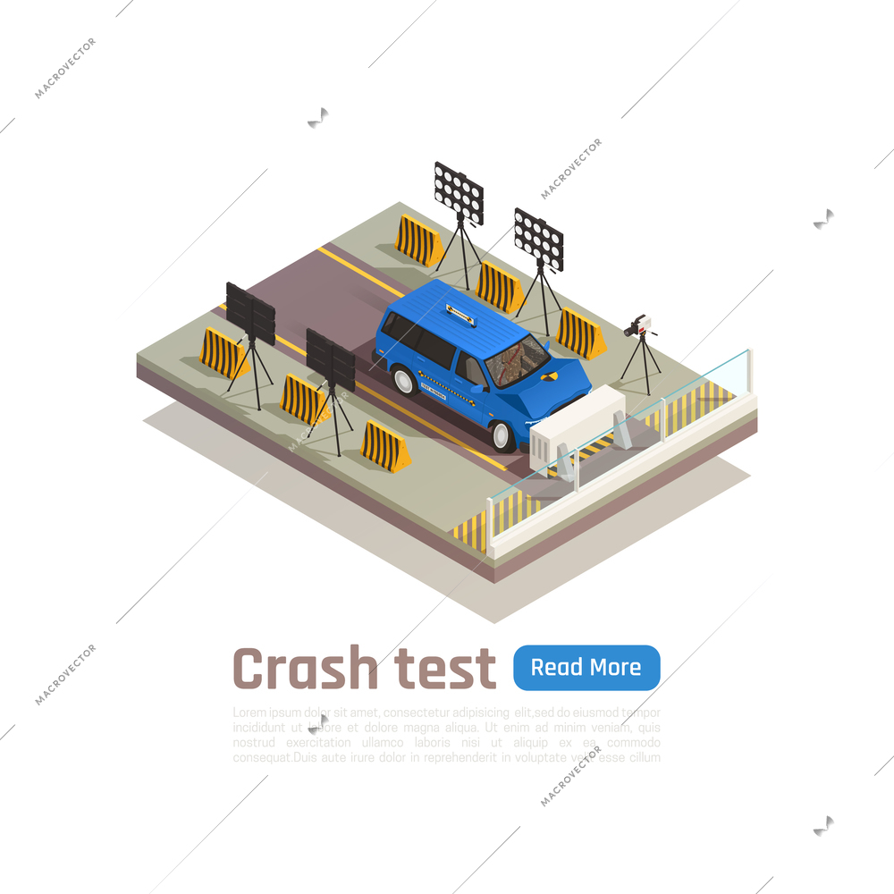 Crash test car safety isometric composition with editable text and view of car crashing into barrier vector illustration