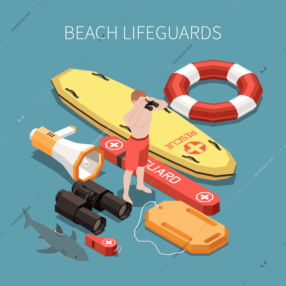 Inventory of beach lifeguard isometric composition with surf board loudspeaker binocular whisle 3d vector illustration