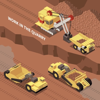 Mining machinery digging and removing rocks from quarry 3d isometric vector illustration
