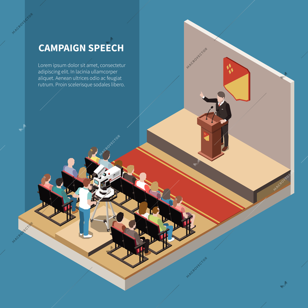 Campaign speech isometric background with political candidate on scene tv operator and electorate in hall vector illustration