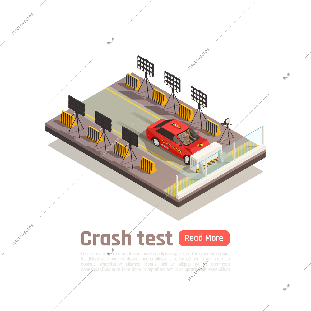 Crash test car safety isometric composition with image of car crashing into barrier camera and lighting vector illustration