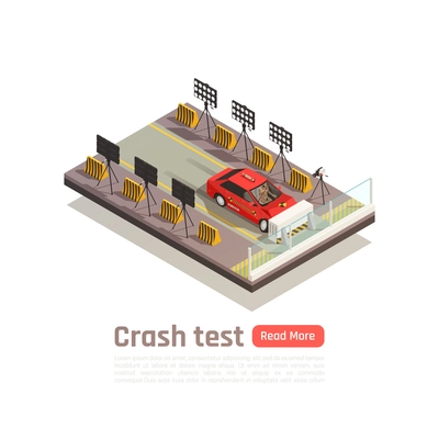 Crash test car safety isometric composition with image of car crashing into barrier camera and lighting vector illustration