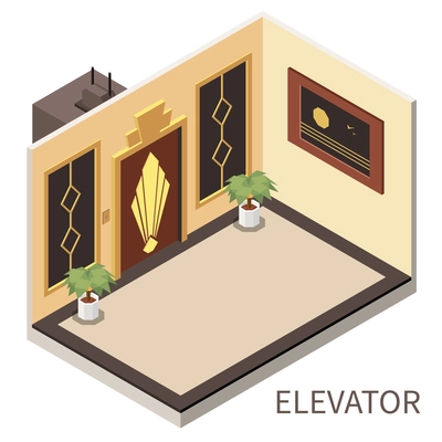 Isometric composition with elevator interior in hotel 3d vector illustration