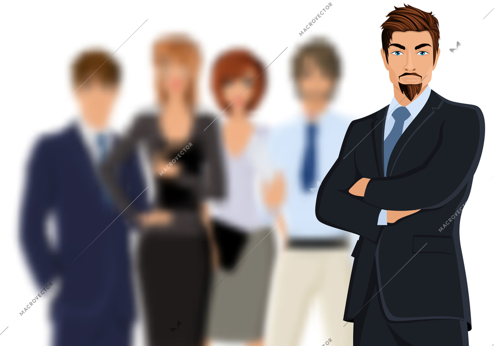 Portrait of young businessman in suit with blurred business team vector illustration