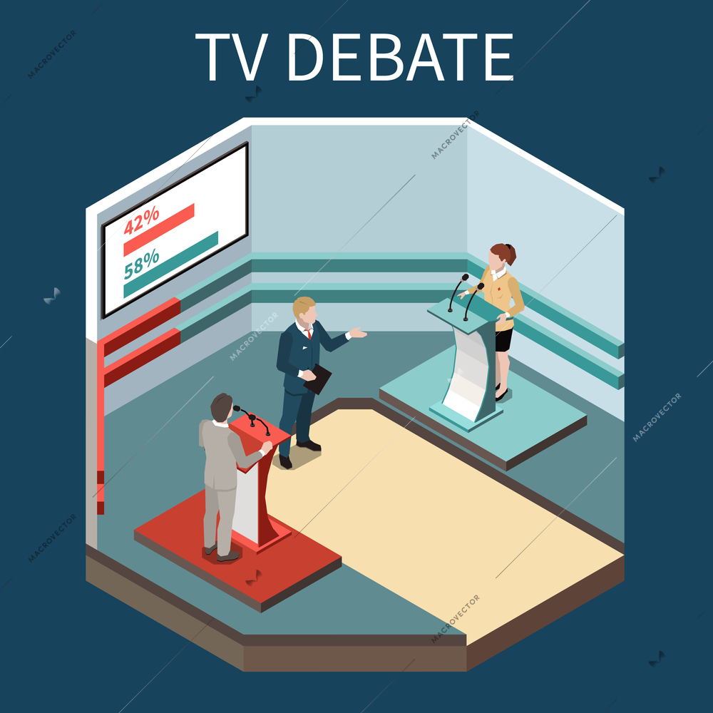 TV debate isometric background with tv presenter two political competitors at tribunes and screen with rating vector Illustration