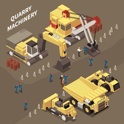 Various mining machinery equipment and miners 3d isometric vector illustration