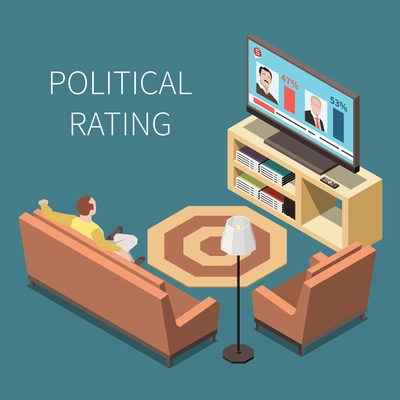 Political rating isometric background with man in home interior watching tv with political competitors on screen vector illustration