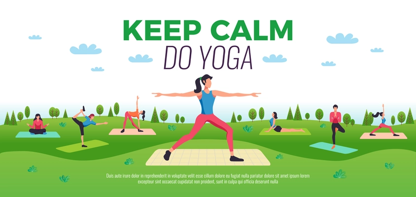 Keep calm do yoga online classes poses advertisement flat horizontal composition with outdoor practicing people vector illustration