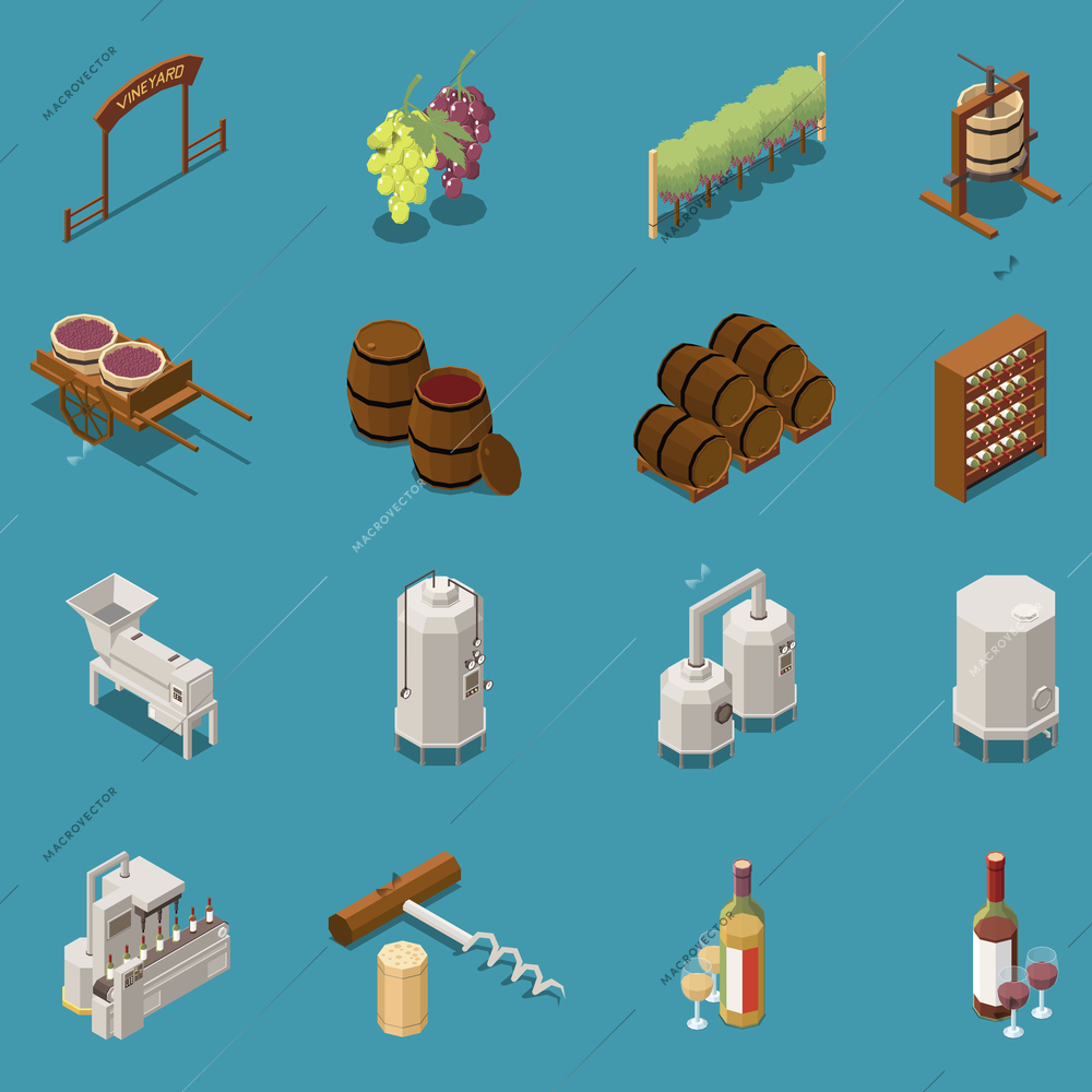 Wine production isometric icons set with winery equipment barrel grape bunches corkscrew isolated on blue background 3d vector illustration