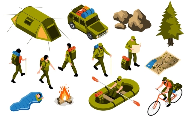 Camping hiking active lifestyle vacation isometric elements set with tent all road vehicle map campfire vector illustration