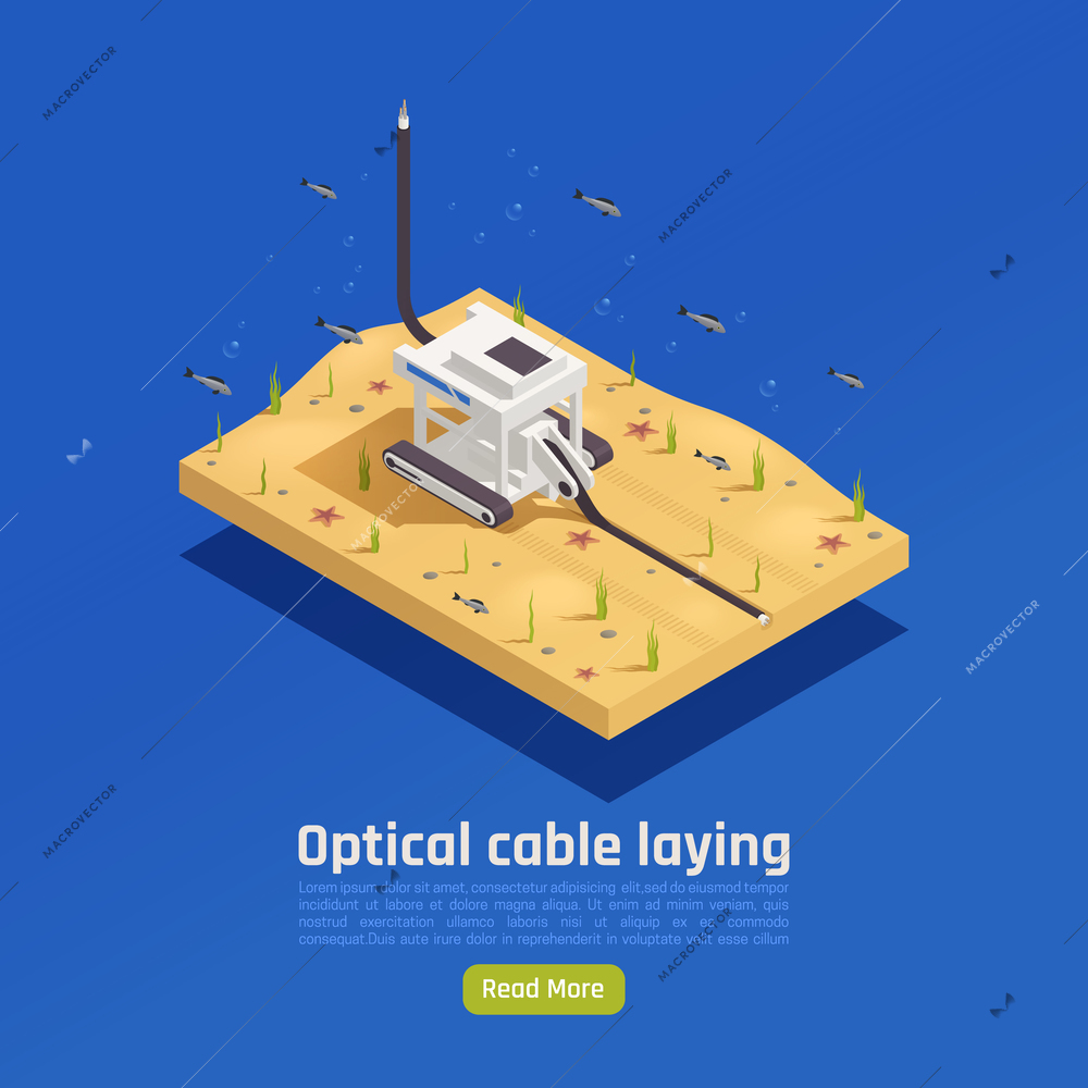 Modern internet 5g communication technology isometric composition with image of automated machine installing cable in underwater vector illustration