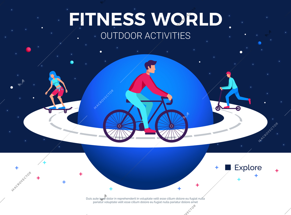 Fitness world outdoor physical activities promoting poster with people cycling skating on planet equator road vector illustration