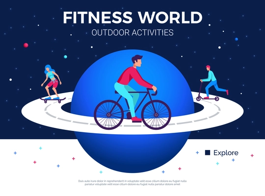 Fitness world outdoor physical activities promoting poster with people cycling skating on planet equator road vector illustration