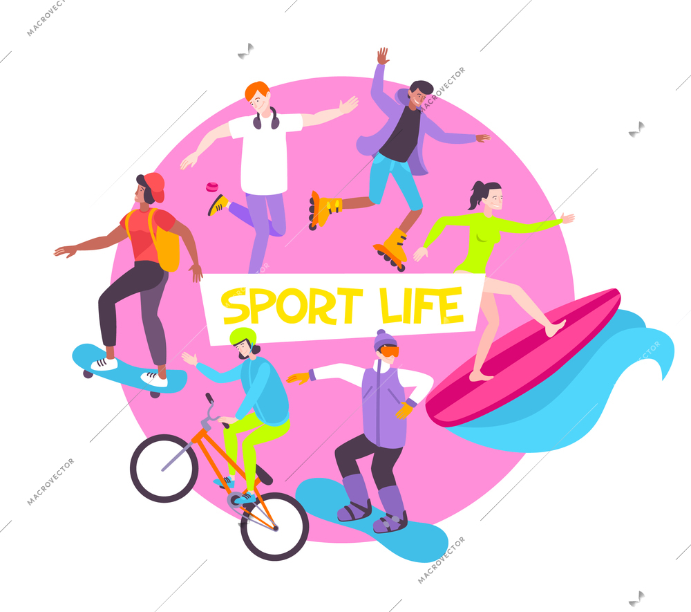 Sport life flat round composition with young people riding bicycle skateboard surfboard roller vector illustration