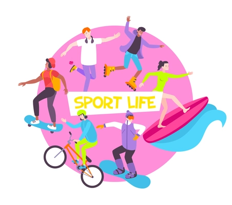 Sport life flat round composition with young people riding bicycle skateboard surfboard roller vector illustration