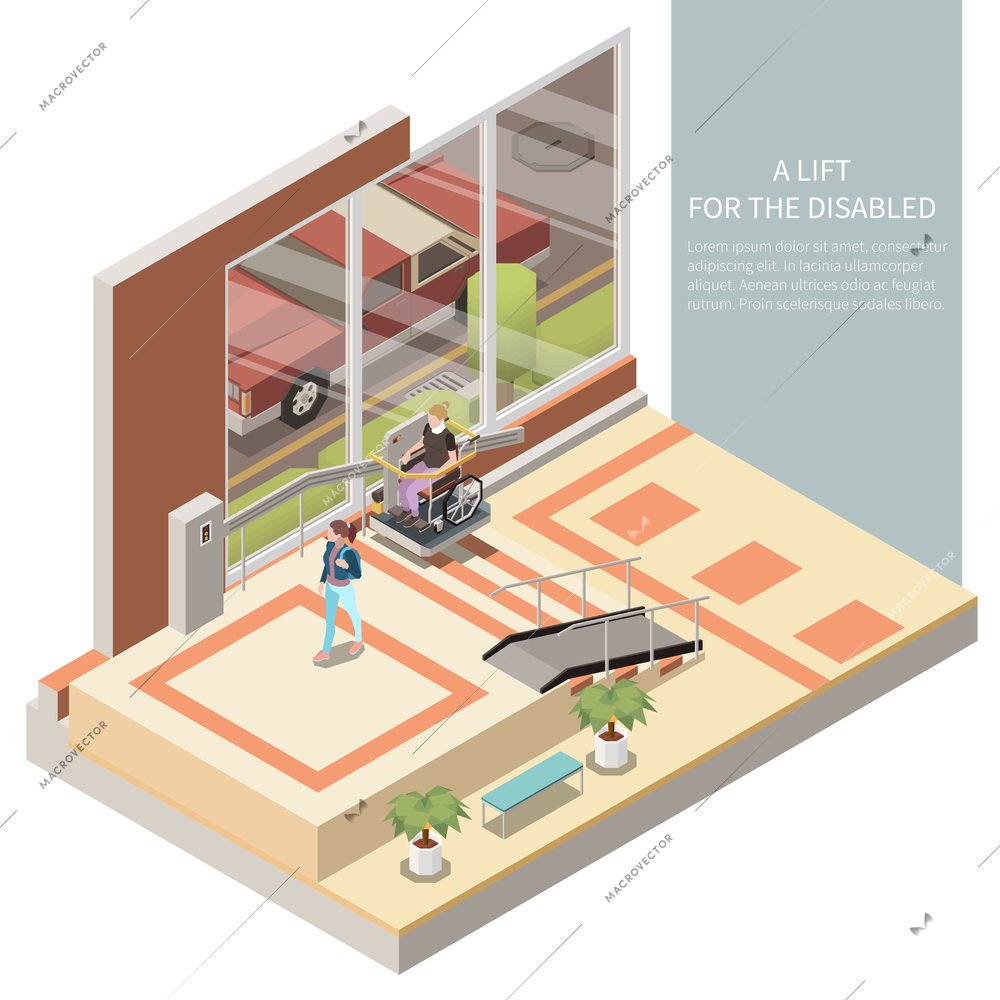 Person in wheelchair using lift for disabled in house lobby 3d isometric vector illustration