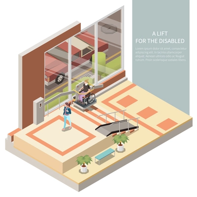 Person in wheelchair using lift for disabled in house lobby 3d isometric vector illustration