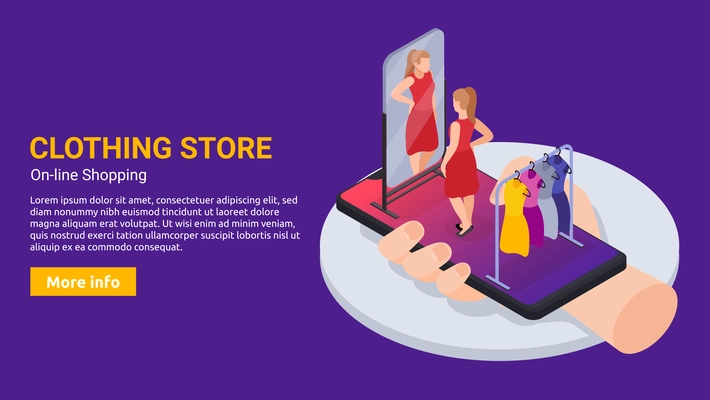 Online clothes store horizontal isometric banner with smartphone and woman trying on red dress 3d vector illustration