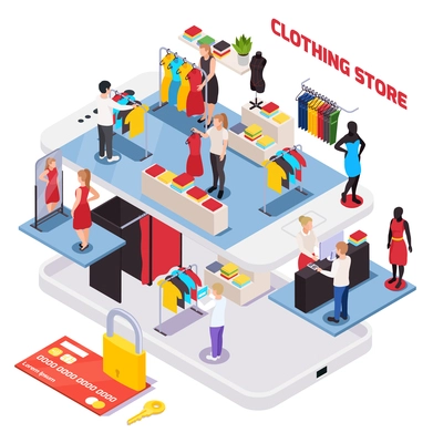 Isometric composition with clothing store interior credit card and customers choosing clothes on white background 3d vector illustration