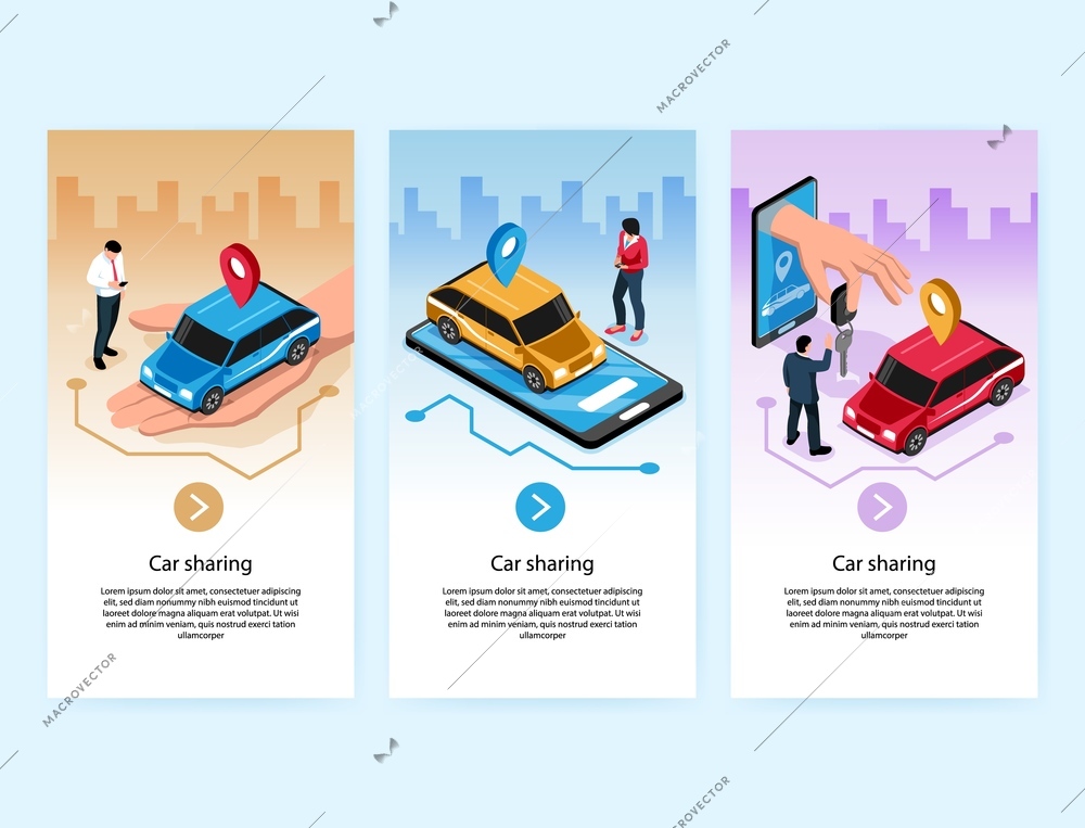 Car sharing online service symbols 3 isometric vertical web banners with auto on mobile screen vector illustration