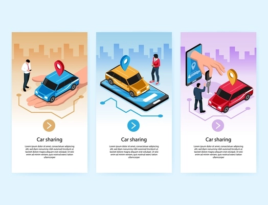 Car sharing online service symbols 3 isometric vertical web banners with auto on mobile screen vector illustration