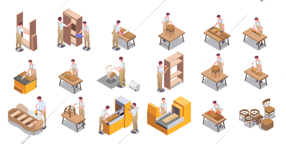 Furniture production by modern hand craftsman big isometric icons set with woodworking upholstering assembling painting vector illustration