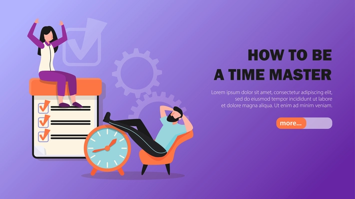 Time management mastering tips flat horizontal web banner with completed tasks clock and relaxing symbols vector illustration