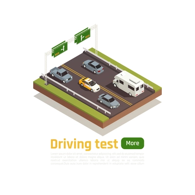 Driving school isometric composition with editable text more button and images of motorway with training vehicle vector illustration