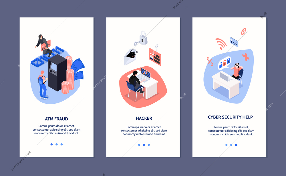 Cyber security isometric vertical banners set with atm fraud and hacker attack icons 3d isolated vector illustration