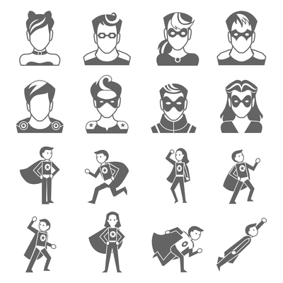 Super hero male and female avatars in superman costumes set isolated vector illustration