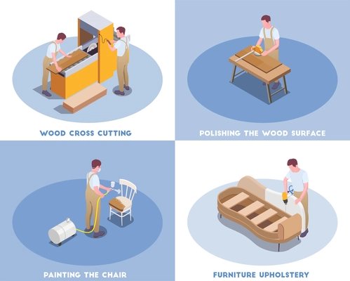 Furniture production by craftsman concept 4 isometric compositions with cross cut sawing polishing upholstering painting vector illustration