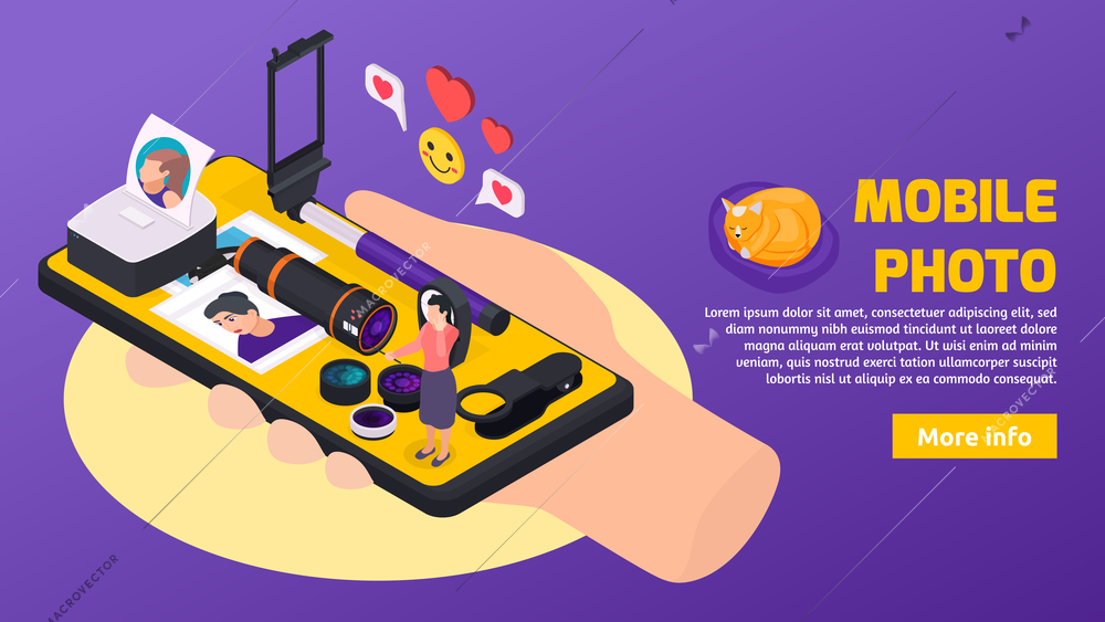 Isometric banner with smartphone and tools for making and printing photo and selfie 3d vector illustration