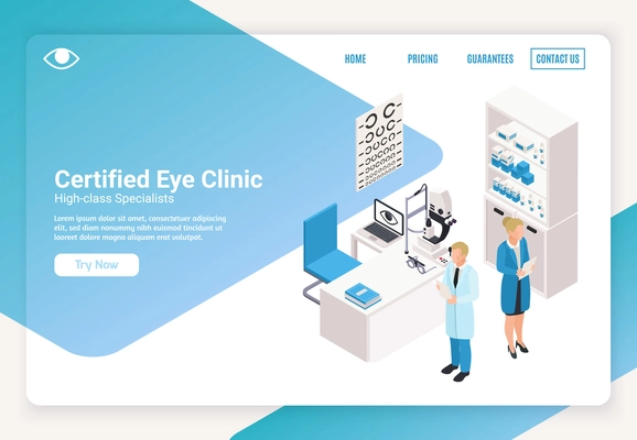 Ophthalmology horizontal isometric banner with eye clinic doctors and text field 3d vector illustration