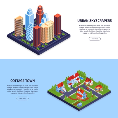 Isometric town city banners set with editable text read more button and images of cottages skyscrapers vector illustration