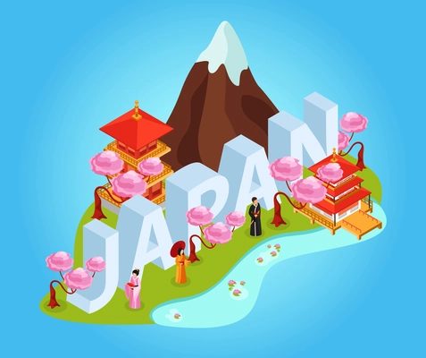 Japan title tourist booklet guide isometric composition with fuji mountain traditional clothing temple big lettering vector illustration