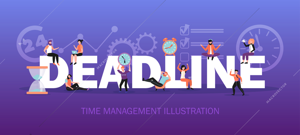 Time management flat horizontal composition title header with prominent deadline lettering schedule clock symbols background vector illustration