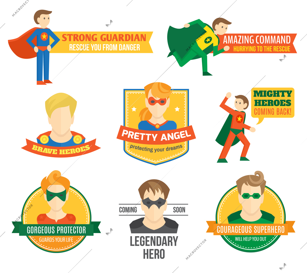 Comic popart superhero emblems and labels in red yellow green color vector illustraiton