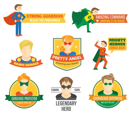 Comic popart superhero emblems and labels in red yellow green color vector illustraiton