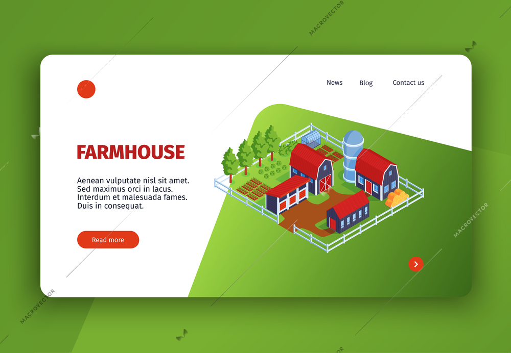 Isometric city concept banner website landing page with images of farm buildings clickable links and text vector illustration