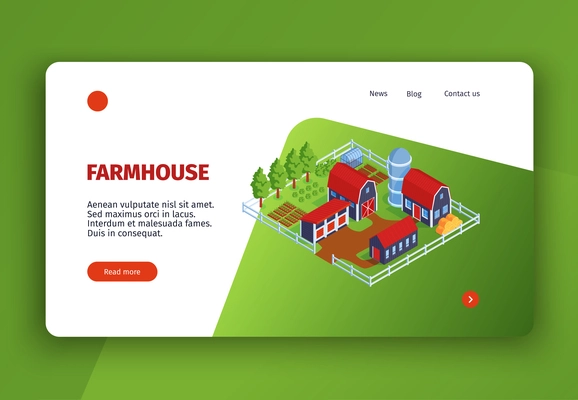 Isometric city concept banner website landing page with images of farm buildings clickable links and text vector illustration