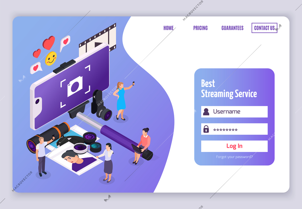 Isometric banner with people taking photos tools for mobile phone and form for login and password 3d vector illustration