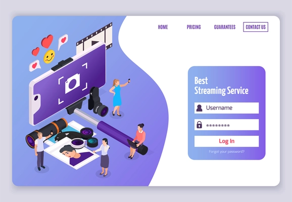 Isometric banner with people taking photos tools for mobile phone and form for login and password 3d vector illustration