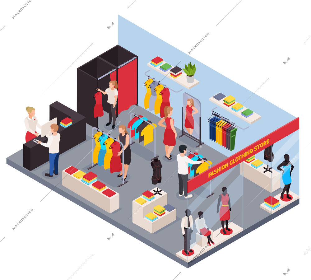 Fashion clothes shop isometric composition with people trying on and buying apparel on white background 3d vector illustration