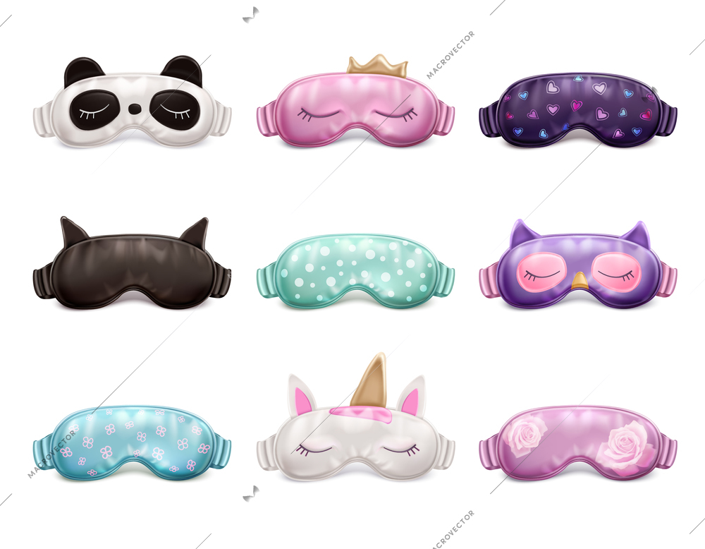 Realistic set of cute colorful sleeping masks with different patterns isolated on white background vector illustration