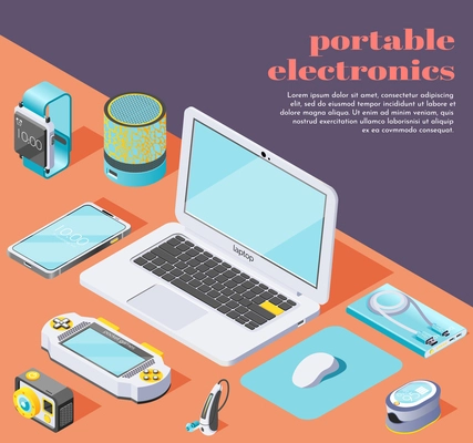 Portable electronics isometric background with  computer mouse flash drive laptop smartphone power bank fitness bracelet oximeter action camera icons located on table vector illustration