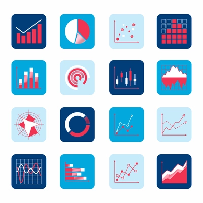 Business elements dot bar pie charts diagrams and graphs icons set isolated vector illustration.