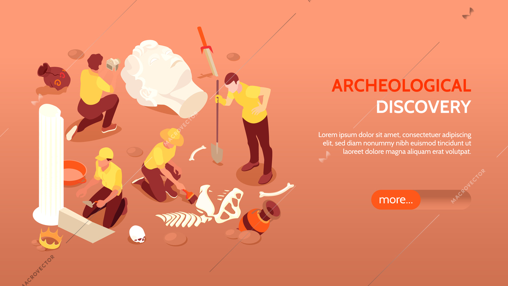 Archeological discovery horizontal banner with archaeologists engaged in excavations and paleontological cultural ancient finds isometric vector illustration