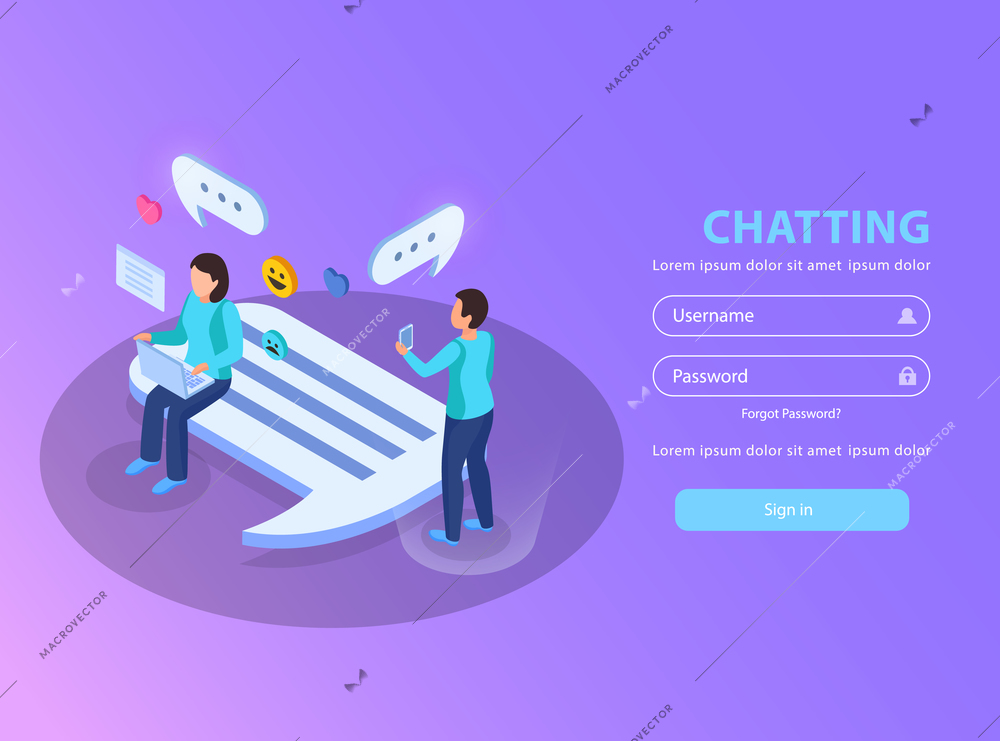 Chatting website signing in page isometric design with dating users love messages symbols bubbles background vector illustration